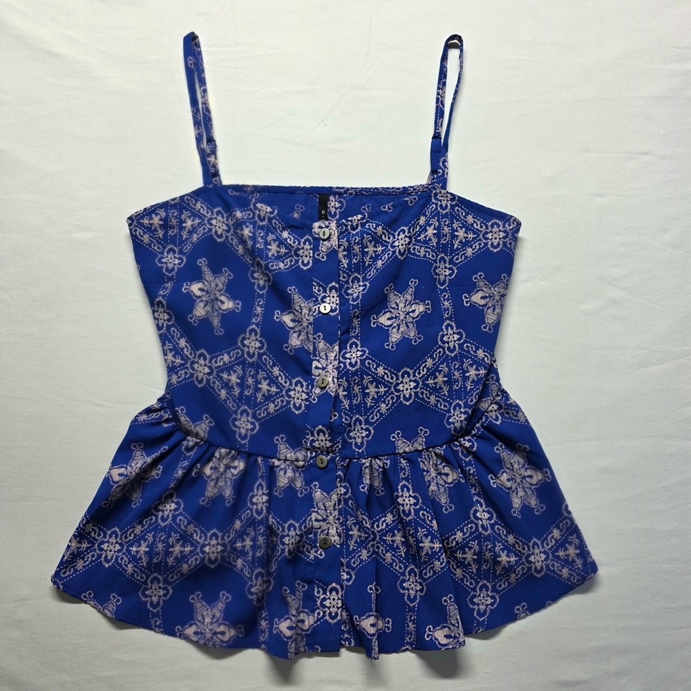 B Jewel Top Women's Blue White Embroidery Print Buttons Peplum Tank Top Medium